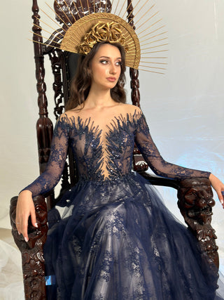 Unique Blue Lace Gown with Long Sleeves - Dioma Fashion