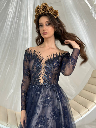 Unique Blue Lace Gown with Long Sleeves - Dioma Fashion