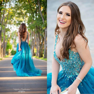 Unique Sexy Beaded Gown with Deep V Neck - Dioma Fashion