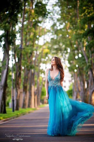 Unique Sexy Beaded Gown with Deep V Neck - Dioma Fashion